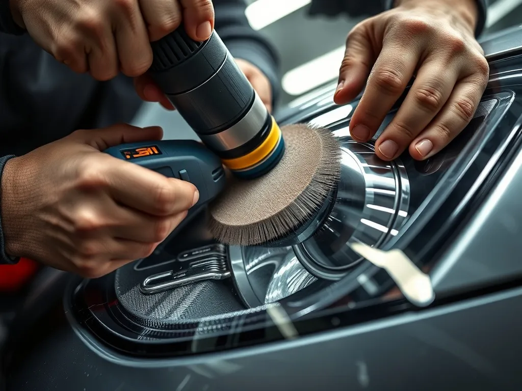 Close-up of a professional technician polishing a cloudy car