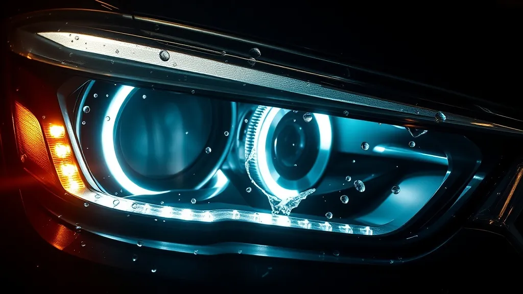 Close-up of a high-tech car headlight with water droplets, p
