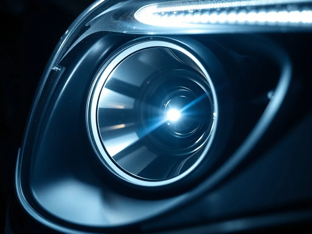 A technical close-up of a car headlight lens focusing a shar