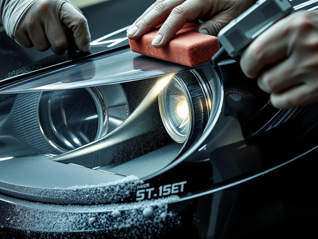 Detailed close up of automotive headlight being wet sanded w
